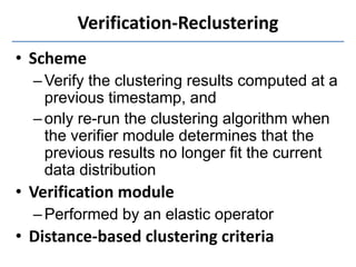 Verification-Reclustering
• Scheme
  – Verify the clustering results computed at a
    previous timestamp, and
  – only re...