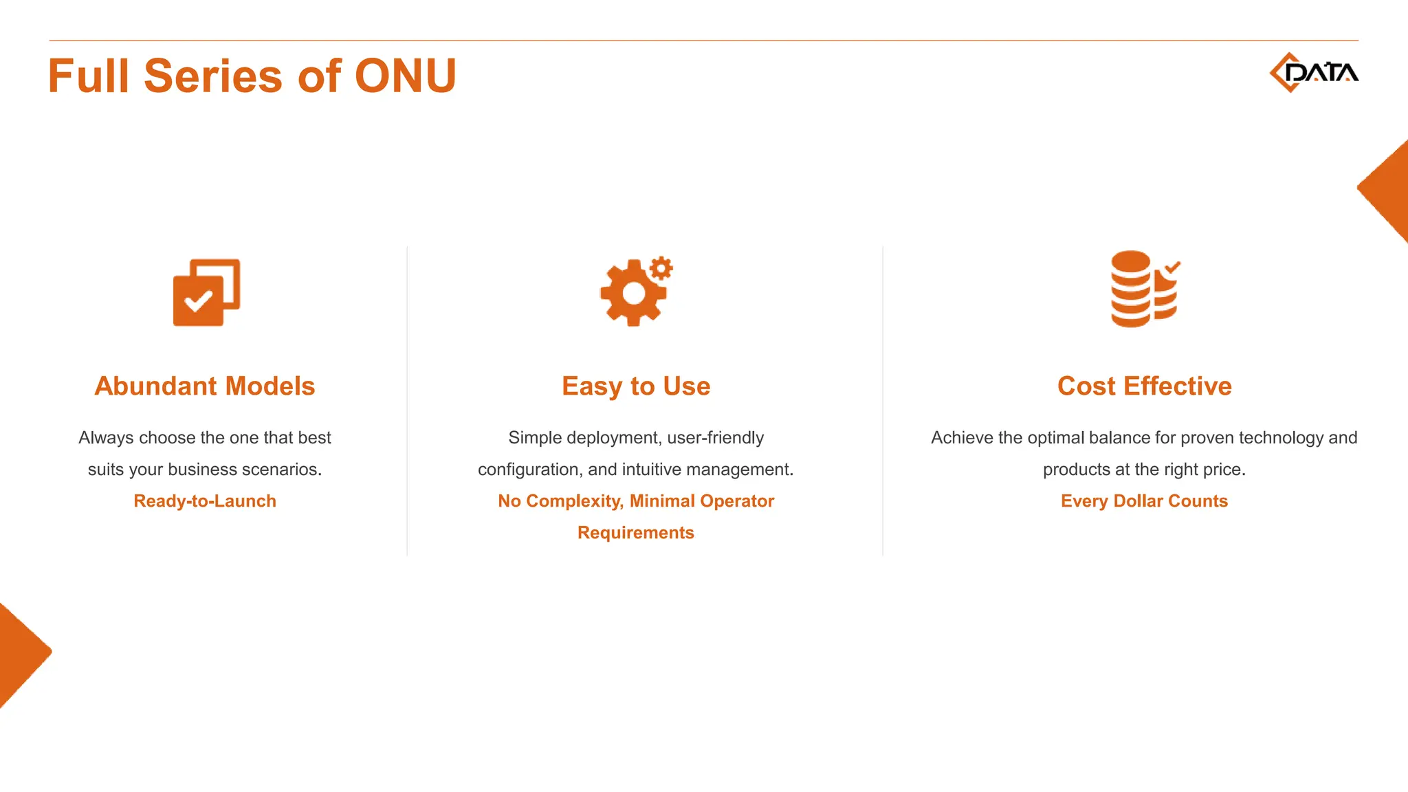 Always choose the one that best
suits your business scenarios.
Ready-to-Launch
Abundant Models Cost Effective
Simple deployment, user-friendly
configuration, and intuitive management.
No Complexity, Minimal Operator
Requirements
Achieve the optimal balance for proven technology and
products at the right price.
Every Dollar Counts
Easy to Use
Full Series of ONU
 