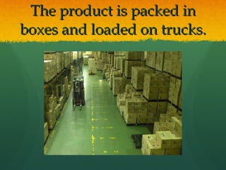 The product is packed in boxes and loaded on trucks. 