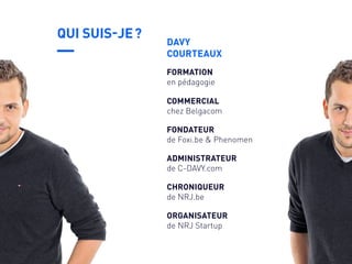 FORMATION
en pédagogie
COMMERCIAL
chez Belgacom
FONDATEUR
de Foxi.be & Phenomen
ADMINISTRATEUR
de C-DAVY.com
CHRONIQUEUR
de NRJ.be
ORGANISATEUR
de NRJ Startup
DAVY
COURTEAUX
QUI SUIS-JE ?
 