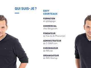 FORMATION
en pédagogie
COMMERCIAL
chez Belgacom
FONDATEUR
de Foxi.be & Phenomen
ADMINISTRATEUR
de C-DAVY.com
CHRONIQUEUR
de NRJ.be
ORGANISATEUR
de NRJ Startup
DAVY
COURTEAUX
QUI SUIS-JE ?