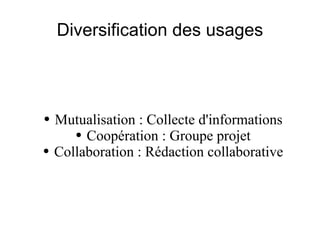 Diversification des usages Mutualisation : Collecte d'informations Coopération : Groupe projet Collaboration : Rédaction collaborative 