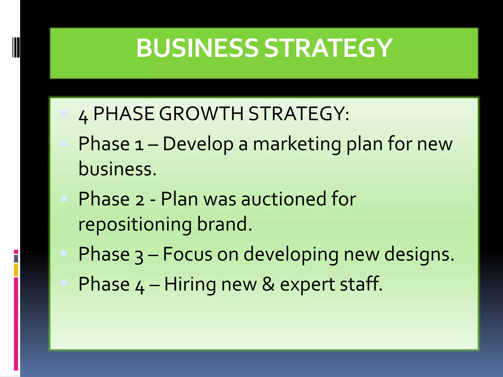 BUSINESS STRATEGY

 4 PHASE GROWTH STRATEGY:
 Phase 1 – Develop a marketing plan for new
  business.
 Phase 2 - Plan was auctioned for
  repositioning brand.
 Phase 3 – Focus on developing new designs.
 Phase 4 – Hiring new & expert staff.
 