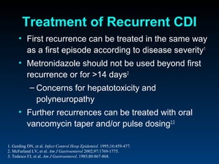 Treatment of Recurrent CDI
      • First recurrence can be treated in the same way
        as a first episode according to disease severity1
      • Metronidazole should not be used beyond first
        recurrence or for >14 days2
            – Concerns for hepatotoxicity and
              polyneuropathy
      • Further recurrences can be treated with oral
        vancomycin taper and/or pulse dosing2,3

1. Gerding DN, et al. Infect Control Hosp Epidemiol. 1995;16:459-477.
2. McFarland LV, et al. Am J Gastroenterol 2002;97:1769-1775.
3. Tedesco FJ, et al. Am J Gastroenterol. 1985;80:867-868.
 