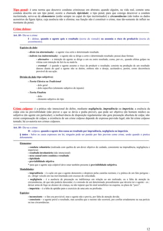Tipo penal: é uma norma que descreve condutas criminosas em abstrato; quando alguém, na vida real, comete uma
conduta descrita em um tipo penal, ocorre a chamada tipicidade; o tipo penal, para que consiga descrever a conduta
incriminada, serve-se de elementares (estão sempre no caput do tipo incriminador) e circunstâncias (são todos os dados
acessórios da figura típica, cuja ausência não a elimina; sua função não é constituir o crime, mas tão-somente de influir no
montante da pena).
Crime doloso:
-----------------------------------------------------------------------------------------------------------------------------------------------------
Art. 18 - Diz-se o crime:
I - doloso, quando o agente quis o resultado (teoria da vontade) ou assumiu o risco de produzi-lo (teoria do
assentimento);
----------------------------------------------------------------------------------------------------------------------------------------------
Espécies de dolo:
- direto (ou determinado) – o agente visa certo e determinado resultado.
- indireto (ou indeterminado) – o agente não se dirige a certo e determinado resultado; possui duas formas:
- alternativo – a intenção do agente se dirige a um ou outro resultado, como, por ex., quando efetua golpes na
vítima com intenção de feri-la ou matá-la.
- eventual – é quando o agente assume o risco de produzir o resultado; consiste na produção de um resultado
danoso diante do qual o agente não se detém, embora não o deseje, aceitando-o, porém, como decorrência
provável de sua ação.
Divisão do dolo (tipo subjetivo):
- Teoria Clássica ou Tradicional
- dolo geral
- dolo específico (elemento subjetivo do injusto)
- Teoria Finalista
- dolo
- elemento subjetivo do tipo
----------------------------------------------------------------------------------------------------------------------------------------------
Crime culposo: é a prática não intencional do delito, mediante negligência, imprudência ou imperícia; a essência da
culpa esta na previsibilidade (não prever o que se devia e podia prever), que pode ser objetiva (do homem médio) ou
subjetiva (do agente em particular); a inobservância de disposição regulamentar não gera presunção absoluta de culpa; não
existe compensação de culpas; a existência de um crime culposo depende de expressa previsão legal; não há crime culposo
tentado; há co-autoria nos crimes culposos.
-----------------------------------------------------------------------------------------------------------------------------------------------------
Art. 18 - Diz-se o crime:
II - culposo, quando o agente deu causa ao resultado por imprudência, negligência ou imperícia.
§ único - Salvo os casos expressos em lei, ninguém pode ser punido por fato previsto como crime, senão quando o pratica
dolosamente.
-----------------------------------------------------------------------------------------------------------------------------------------------------
Elementos:
- conduta voluntária (realizada com quebra de um dever objetivo de cuidado, consistente na imprudência, negligência e
imperícia)
- resultado involuntário (não intencional)
- nexo causal entre conduta e resultado
- tipicidade
- previsibilidade objetiva
* para que o agente seja culpável deve estar também presente à previsibilidade subjetiva.
Modalidades:
- imprudência – é a ação em que o agente demonstra o desprezo pelas cautelas normais; é a prática de um fato perigoso -
ex.: dirigir veículo em rua movimentada com excesso de velocidade.
- negligência – é a ausência de precaução ou indiferença em relação ao ato realizado, ou a falta de atenção às
circunstâncias, de que não poderia descuidar; é a omissão de um determinado procedimento que deveria ter o agente - ex.:
deixar arma de fogo ao alcance de criança, ou não reparar que há sinal semafórico na esquina, ou placa de “pare”.
- imperícia – é a falta de aptidão para o exercício de uma arte ou profissão.
Espécies:
- inconsciente – o fato era previsível, mas o agente não o previu, por falta de atenção devida.
- consciente – o agente prevê o resultado, mas acredita que o mesmo não ocorrerá, por confiar erradamente na sua perícia
ou nas circunstâncias.
12
 