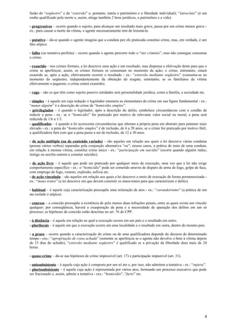 fusão do “seqüestro” e da “extorsão” e, portanto, tutela o patrimônio e a liberdade individual), “latrocínio” (é um
roubo qualificado pela morte e, assim, atinge também 2 bens jurídicos, o patrimônio e a vida).
- progressivos – ocorre quando o sujeito, para alcançar um resultado mais grave, passa por um crime menos grave -
ex.: para causar a morte da vítima, o agente necessariamente tem de lesioná-la.
- putativo – dá-se quando o agente imagina que a conduta por ele praticada constitui crime, mas, em verdade, é um
fato atípico.
- falho (ou tentativa perfeita) – ocorre quando o agente percorre todo o “iter criminis”, mas não consegue consumar
o crime.
- exaurido – nos crimes formais, a lei descreve uma ação e um resultado, mas dispensa a efetivação deste para que o
crime se aperfeiçoe; assim, os crimes formais se consumam no momento da ação; o crime, entretanto, estará
exaurido se, após a ação, efetivamente ocorrer o resultado - ex.: “extorsão mediante seqüestro” (consuma-se no
momento do seqüestro, independentemente da obtenção do resgate; entretanto, se os familiares da vítima
efetivamente o pagarem, o crime estará exaurido).
- vago – são os que têm como sujeito passivo entidades sem personalidade jurídica, como a família, a sociedade etc.
- simples – é aquele em cuja redação o legislador enumera as elementares do crime em sua figura fundamental - ex.:
“matar alguém” é a descrição do crime de “homicídio simples”.
- privilegiados – é quando o legislador, após a descrição do delito, estabelece circunstâncias com o condão de
reduzir a pena - ex.: se o “homicídio” for praticado por motivo de relevante valor social ou moral, a pena será
reduzida de 1/6 a 1/3.
- qualificados – é quando a lei acrescenta circunstâncias que alteram a própria pena em abstrato para patamar mais
elevado - ex.: a pena do “homicídio simples” é de reclusão, de 6 a 20 anos; se o crime for praticado por motivo fútil,
a qualificadora fará com que a pena passe a ser de reclusão, de 12 a 30 anos.
- de ação múltipla (ou de conteúdo variado) – são aqueles em relação aos quais a lei descreve várias condutas
(possui vários verbos) separadas pela conjunção alternativa “ou”; nesses casos, a prática de mais de uma conduta,
em relação à mesma vítima, constitui crime único - ex.: “participação em suicídio” (ocorre quando alguém induz,
instiga ou auxilia outrem a cometer suicídio).
- de ação livre – é aquele que pode ser praticado por qualquer meio de execução, uma vez que a lei não exige
comportamento específico - ex.: o “homicídio” pode ser cometido através de disparo de arma de fogo, golpe de faca,
com emprego de fogo, veneno, explosão, asfixia etc.
- de ação vinculada – são aqueles em relação aos quais a lei descreve o meio de execução de forma pormenorizada -
ex.: “maus-tratos” (a lei descreve em que devem consistir os maus-tratos para que caracterizem o delito).
- habitual – é aquele cuja caracterização pressupõe uma reiteração de atos - ex.: “curandeirismo” (a prática de um
ato isolado é atípica).
- conexos – a conexão pressupõe a existência de pelo menos duas infrações penais, entre as quais exista um vínculo
qualquer; por conseqüência, haverá a exasperação da pena e a necessidade de apuração dos delitos em um só
processo; as hipóteses de conexão estão descritas no art. 76 do CPP.
- à distância – é aquele em relação ao qual a execução ocorre em um país e o resultado em outro.
- plurilocais – é aquele em que a execução ocorre em uma localidade e o resultado em outra, dentro do mesmo país.
- a prazo – ocorre quando a caracterização do crime ou de uma qualificadora depende do decurso de determinado
tempo - exs.: “apropriação de coisa achada” (somente se aperfeiçoa se o agente não devolve o bem à vítima depois
de 15 dias do achado), “extorsão mediante seqüestro” é qualificado se a privação da liberdade dura mais de 24
horas.
- quase-crime – dá-se nas hipóteses de crime impossível (art. 17) e participação impunível (art. 31).
- unissubsistente – é aquele cuja ação é composta por um só ato e, por isso, não admitem a tentativa - ex.: “injúria”.
- plurissubsistente – é aquele cuja ação é representada por vários atos, formando um processo executivo que pode
ser fracionado e, assim, admite a tentativa - exs.: “homicídio”, “furto” etc.
4
 