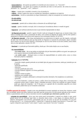 - monossubjetivos – são aqueles que podem ser cometidos por uma só pessoa - ex.: “homicídio”.
- plurissubjetivos – são aquele que só podem ser praticados por duas ou mais pessoas; são crimes de concurso
necessário - ex.: “quadrilha”, “rixa”, “adultério”.
- doloso – o agente quis o resultado o assumiu o risco de produzi-lo.
- culposo – quando o agente deu causa ao resultado por imprudência, negligência ou imperícia.
- preterdoloso – há dolo no antecedente (na figura fundamental) e culpa no conseqüente (no resultado mais grave).
- de ação pública
- de ação privada
- consumado – quando nele se reúnem todos os elementos de sua definição legal.
- tentado – quando, iniciada a execução, não se consuma por circunstâncias alheias à vontade do agente.
- impossível – por ineficácia absoluta do meio ou por absoluta impropriedade do objeto.
- de flagrante provocado - quando o agente é levado à ação por instigação de alguém que, ao mesmo tempo, toma
todas as medidas para evitar a consumação do delito, com a prisão em flagrante do agente; não há crime quando a
preparação do flagrante pela polícia torna impossível sua consumação (Súmula 145, do STF).
- de flagrante esperado - o fato chega antecipadamente ao conhecimento de alguém, que não impede a realização
da ação, mas toma providências para que haja prisão em flagrante no momento da consumação; alguns entendem
haver tentativa no caso de crime material e consumação no caso de crime formal ou de mera conduta; outros acham
não ser crime aplicando a súmula 145, STF.
- funcional - é o praticado por funcionário público, desde que o fato tenha relação com as suas funções.
- de responsabilidade:
- em sentido estrito – são os que podem ser praticados não por funcionários públicos em geral, mas apenas por
certos agentes detentores do poder político da Nação.
- em sentido amplo – abrangem tanto os crimes de responsabilidade em sentido estrito, como os crimes
funcionais próprios e impróprios.
- hediondos (Lei n° 8.072/90):
- homicídio simples quando praticado em atividade típica de grupo de extermínio, ainda que cometido por um
só agente;
- homicídio qualificado;
- latrocínio;
- extorsão qualificada pela morte;
- extorsão mediante seqüestro e na forma qualificada;
- estupro;
- atentado violento ao pudor;
- epidemia com resultado morte;
- falsificação, corrupção, adulteração ou alteração de produto destinado a fins terapêuticos ou medicinais;
- genocídio.
* os crimes hediondos, a prática de tortura, o tráfico ilícito de entorpecentes e drogas afins e terrorismo não
comportam anistia, graça e indulto; fiança e liberdade provisória; a pena será cumprida em regime fechado,
sendo que, depois de cumpridos + de 2/3 da pena, se o apenado não for reincidente específico em crimes
hediondos, poderá fazer jus ao livramento condicional.
Conflito aparente de normas: é quando existe uma pluralidade de normas regulando um mesmo fato criminoso, sendo
que, na realidade, apenas uma delas é aplicável; para saber qual das normas deve ser efetivamente aplicada ao fato concreto,
dentre as aparentemente cabíveis, torna-se necessário recorrer aos princípios que solucionam a questão, são eles:
- princípio da especialidade – diz-se que uma norma penal incriminadora é especial em relação à outra, geral,
quando possui em sua definição legal todos os elementos típicos desta, e mais alguns, de natureza objetiva ou
subjetiva, denominados especializantes, apresentando, por isso, um minus ou um plus de severidade (“lex specialis
derogat generali”) - ex.: a norma que define o “infanticídio” é especial em relação à que descreve o “homicídio”, que
é geral; o dispositivo que trata do “roubo simples” é geral, o que trata do “latrocínio” é especial.
5
 