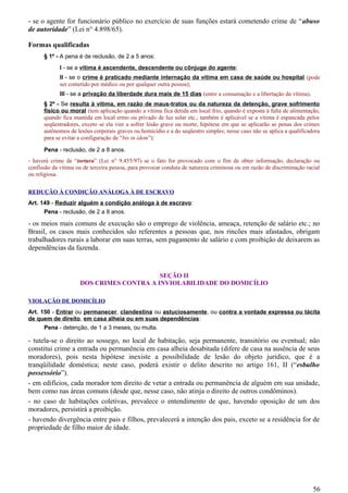 - se o agente for funcionário público no exercício de suas funções estará cometendo crime de “abuso
de autoridade” (Lei n° 4.898/65).
Formas qualificadas
§ 1º - A pena é de reclusão, de 2 a 5 anos:
I - se a vítima é ascendente, descendente ou cônjuge do agente;
II - se o crime é praticado mediante internação da vítima em casa de saúde ou hospital (pode
ser cometido por médico ou por qualquer outra pessoa);
III - se a privação da liberdade dura mais de 15 dias (entre a consumação e a libertação da vítima).
§ 2º - Se resulta à vítima, em razão de maus-tratos ou da natureza da detenção, grave sofrimento
físico ou moral (tem aplicação quando a vítima fica detida em local frio, quando é exposta à falta de alimentação,
quando fica mantida em local ermo ou privado de luz solar etc.; também é aplicável se a vítima é espancada pelos
seqüestradores, exceto se ela vier a sofrer lesão grave ou morte, hipótese em que se aplicarão as penas dos crimes
autônomos de lesões corporais graves ou homicídio e a do seqüestro simples; nesse caso não se aplica a qualificadora
para se evitar a configuração de “bis in idem”):
Pena - reclusão, de 2 a 8 anos.
- haverá crime de “tortura” (Lei n° 9.455/97) se o fato for provocado com o fim de obter informação, declaração ou
confissão da vítima ou de terceira pessoa, para provocar conduta de natureza criminosa ou em razão de discriminação racial
ou religiosa.
REDUÇÃO À CONDIÇÃO ANÁLOGA À DE ESCRAVO
Art. 149 - Reduzir alguém a condição análoga à de escravo:
Pena - reclusão, de 2 a 8 anos.
- os meios mais comuns de execução são o emprego de violência, ameaça, retenção de salário etc.; no
Brasil, os casos mais conhecidos são referentes a pessoas que, nos rincões mais afastados, obrigam
trabalhadores rurais a laborar em suas terras, sem pagamento de salário e com proibição de deixarem as
dependências da fazenda.
SEÇÃO II
DOS CRIMES CONTRA A INVIOLABILIDADE DO DOMICÍLIO
VIOLAÇÃO DE DOMICÍLIO
Art. 150 - Entrar ou permanecer, clandestina ou astuciosamente, ou contra a vontade expressa ou tácita
de quem de direito, em casa alheia ou em suas dependências:
Pena - detenção, de 1 a 3 meses, ou multa.
- tutela-se o direito ao sossego, no local de habitação, seja permanente, transitório ou eventual; não
constitui crime a entrada ou permanência em casa alheia desabitada (difere de casa na ausência de seus
moradores), pois nesta hipótese inexiste a possibilidade de lesão do objeto jurídico, que é a
tranqüilidade doméstica; neste caso, poderá existir o delito descrito no artigo 161, II (“esbulho
possessório”).
- em edifícios, cada morador tem direito de vetar a entrada ou permanência de alguém em sua unidade,
bem como nas áreas comuns (desde que, nesse caso, não atinja o direito de outros condôminos).
- no caso de habitações coletivas, prevalece o entendimento de que, havendo oposição de um dos
moradores, persistirá a proibição.
- havendo divergência entre pais e filhos, prevalecerá a intenção dos pais, exceto se a residência for de
propriedade de filho maior de idade.
56
 