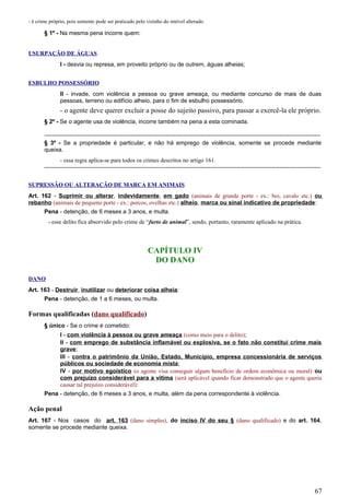 - é crime próprio, pois somente pode ser praticado pelo vizinho do imóvel alterado.
§ 1º - Na mesma pena incorre quem:
USURPAÇÃO DE ÁGUAS
I - desvia ou represa, em proveito próprio ou de outrem, águas alheias;
ESBULHO POSSESSÓRIO
II - invade, com violência a pessoa ou grave ameaça, ou mediante concurso de mais de duas
pessoas, terreno ou edifício alheio, para o fim de esbulho possessório.
- o agente deve querer excluir a posse do sujeito passivo, para passar a exercê-la ele próprio.
§ 2º - Se o agente usa de violência, incorre também na pena a esta cominada.
---------------------------------------------------------------------------------------------------------------------------------------------
§ 3º - Se a propriedade é particular, e não há emprego de violência, somente se procede mediante
queixa.
- essa regra aplica-se para todos os crimes descritos no artigo 161.
---------------------------------------------------------------------------------------------------------------------------------------------
SUPRESSÃO OU ALTERAÇÃO DE MARCA EM ANIMAIS
Art. 162 - Suprimir ou alterar, indevidamente, em gado (animais de grande porte - ex.: boi, cavalo etc.) ou
rebanho (animais de pequeno porte - ex.: porcos, ovelhas etc.) alheio, marca ou sinal indicativo de propriedade:
Pena - detenção, de 6 meses a 3 anos, e multa.
- esse delito fica absorvido pelo crime de “furto de animal”, sendo, portanto, raramente aplicado na prática.
CAPÍTULO IV
DO DANO
DANO
Art. 163 - Destruir, inutilizar ou deteriorar coisa alheia:
Pena - detenção, de 1 a 6 meses, ou multa.
Formas qualificadas (dano qualificado)
§ único - Se o crime é cometido:
I - com violência à pessoa ou grave ameaça (como meio para o delito);
II - com emprego de substância inflamável ou explosiva, se o fato não constitui crime mais
grave;
III - contra o patrimônio da União, Estado, Município, empresa concessionária de serviços
públicos ou sociedade de economia mista;
IV - por motivo egoístico (o agente visa conseguir algum benefício de ordem econômica ou moral) ou
com prejuízo considerável para a vítima (será aplicável quando ficar demonstrado que o agente queria
causar tal prejuízo considerável):
Pena - detenção, de 6 meses a 3 anos, e multa, além da pena correspondente à violência.
Ação penal
Art. 167 - Nos casos do art. 163 (dano simples), do inciso IV do seu § (dano qualificado) e do art. 164,
somente se procede mediante queixa.
67
 