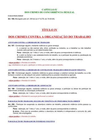 CAPÍTULO IV
DOS CRIMES DE CONCORRÊNCIA DESLEAL
Concorrência desleal
Art. 196 (Revogado pelo art. 244 da Lei nº 9.279, de 14-05-96).
TÍTULO IV
DOS CRIMES CONTRA A ORGANIZAÇÃO DO TRABALHO
ATENTADO CONTRA A LIBERDADE DE TRABALHO
Art. 197 - Constranger alguém, mediante violência ou grave ameaça:
I - a exercer ou não exercer arte, ofício, profissão ou indústria, ou a trabalhar ou não trabalhar
durante certo período ou em determinados dias:
Pena - detenção, de 1 mês a 1 ano, e multa, além da pena correspondente à violência;
II - a abrir ou fechar o seu estabelecimento de trabalho, ou a participar de parede ou paralisação de
atividade econômica:
Pena - detenção, de 3 meses a 1 ano, e multa, além da pena correspondente à violência.
- objeto jurídico: a liberdade do trabalho.
- ex.: trabalhadores em greve, apedrejam os ônibus que tentam sair para o trabalho.
ATENTADO CONTRA A LIBERDADE DE CONTRATO DE TRABALHO E BOICOTAGEM VIOLENTA
Art. 198 - Constranger alguém, mediante violência ou grave ameaça, a celebrar contrato de trabalho, ou a não
fornecer a outrem ou não adquirir de outrem matéria-prima ou produto industrial ou agrícola:
Pena - detenção, de 1 mês a 1 ano, e multa, além da pena correspondente à violência.
- objeto jurídico: a liberdade do trabalho.
ATENTADO CONTRA A LIBERDADE DE ASSOCIAÇÃO
Art. 199 - Constranger alguém, mediante violência ou grave ameaça, a participar ou deixar de participar de
determinado sindicato ou associação profissional:
Pena - detenção, de 1 mês a 1 ano, e multa, além da pena correspondente à violência.
- objeto jurídico: a liberdade de associação profissional ou sindical.
PARALISAÇÃO DE TRABALHO, SEGUIDA DE VIOLÊNCIA OU PERTURBAÇÃO DA ORDEM
Art. 200 - Participar de suspensão ou abandono coletivo de trabalho, praticando violência contra pessoa ou
contra coisa:
Pena - detenção, de 1 mês a 1 ano, e multa, além da pena correspondente à violência.
§ único - Para que se considere coletivo o abandono de trabalho é indispensável o concurso de, pelo
menos, três empregados.
- objeto jurídico: a liberdade do trabalho.
PARALISAÇÃO DE TRABALHO DE INTERESSE COLETIVO
80
 