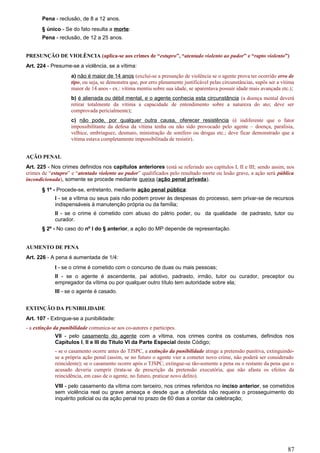 Pena - reclusão, de 8 a 12 anos.
§ único - Se do fato resulta a morte:
Pena - reclusão, de 12 a 25 anos.
PRESUNÇÃO DE VIOLÊNCIA (aplica-se aos crimes de “estupro”, “atentado violento ao pudor” e “rapto violento”)
Art. 224 - Presume-se a violência, se a vítima:
a) não é maior de 14 anos (exclui-se a presunção de violência se o agente prova ter ocorrido erro de
tipo, ou seja, se demonstra que, por erro plenamente justificável pelas circunstâncias, supôs ser a vítima
maior de 14 anos - ex.: vítima mentiu sobre sua idade, se aparentava possuir idade mais avançada etc.);
b) é alienada ou débil mental, e o agente conhecia esta circunstância (a doença mental deverá
retirar totalmente da vítima a capacidade de entendimento sobre a natureza do ato; deve ser
comprovada pericialmente);
c) não pode, por qualquer outra causa, oferecer resistência (é indiferente que o fator
impossibilitante da defesa da vítima tenha ou não sido provocado pelo agente – doença, paralisia,
velhice, embriaguez, desmaio, ministração de sonífero ou drogas etc.; deve ficar demonstrado que a
vítima estava completamente impossibilitada de resistir).
AÇÃO PENAL
Art. 225 - Nos crimes definidos nos capítulos anteriores (está se referindo aos capítulos I, II e III; sendo assim, nos
crimes de “estupro” e “atentado violento ao pudor” qualificados pelo resultado morte ou lesão grave, a ação será pública
incondicionada), somente se procede mediante queixa (ação penal privada).
§ 1º - Procede-se, entretanto, mediante ação penal pública:
I - se a vítima ou seus pais não podem prover às despesas do processo, sem privar-se de recursos
indispensáveis à manutenção própria ou da família;
II - se o crime é cometido com abuso do pátrio poder, ou da qualidade de padrasto, tutor ou
curador.
§ 2º - No caso do nº I do § anterior, a ação do MP depende de representação.
AUMENTO DE PENA
Art. 226 - A pena é aumentada de 1/4:
I - se o crime é cometido com o concurso de duas ou mais pessoas;
II - se o agente é ascendente, pai adotivo, padrasto, irmão, tutor ou curador, preceptor ou
empregador da vítima ou por qualquer outro título tem autoridade sobre ela;
III - se o agente é casado.
EXTINÇÃO DA PUNIBILIDADE
Art. 107 - Extingue-se a punibilidade:
- a extinção da punibilidade comunica-se aos co-autores e partícipes.
VII - pelo casamento do agente com a vítima, nos crimes contra os costumes, definidos nos
Capítulos I, II e III do Título VI da Parte Especial deste Código;
- se o casamento ocorre antes do TJSPC, a extinção da punibilidade atinge a pretensão punitiva, extinguindo-
se a própria ação penal (assim, se no futuro o agente vier a cometer novo crime, não poderá ser considerado
reincidente); se o casamento ocorre após o TJSPC, extingue-se tão-somente a pena ou o restante da pena que o
acusado deveria cumprir (trata-se de prescrição da pretensão executória, que não afasta os efeitos da
reincidência, em caso de o agente, no futuro, praticar novo delito).
VIII - pelo casamento da vítima com terceiro, nos crimes referidos no inciso anterior, se cometidos
sem violência real ou grave ameaça e desde que a ofendida não requeira o prosseguimento do
inquérito policial ou da ação penal no prazo de 60 dias a contar da celebração;
87
 