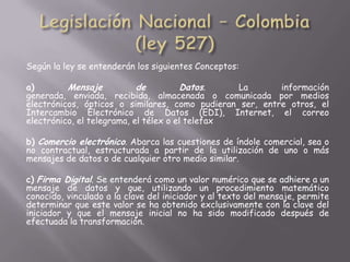Según la ley se entenderán los siguientes Conceptos:

a)        Mensaje           de         Datos.    La       información
generada, enviada, recibida, almacenada o comunicada por medios
electrónicos, ópticos o similares, como pudieran ser, entre otros, el
Intercambio Electrónico de Datos (EDI), Internet, el correo
electrónico, el telegrama, el télex o el telefax

b) Comercio electrónico. Abarca las cuestiones de índole comercial, sea o
no contractual, estructurada a partir de la utilización de uno o más
mensajes de datos o de cualquier otro medio similar.

c) Firma Digital. Se entenderá como un valor numérico que se adhiere a un
mensaje de datos y que, utilizando un procedimiento matemático
conocido, vinculado a la clave del iniciador y al texto del mensaje, permite
determinar que este valor se ha obtenido exclusivamente con la clave del
iniciador y que el mensaje inicial no ha sido modificado después de
efectuada la transformación.
 