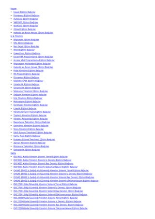 İnşaat
• İnşaat Eğitimi Bağcılar
• Primavera Eğitimi Bağcılar
• AutoCAD Eğitimi Bağcılar
• SAP2000 Eğitimi Bağcılar
• Sta4CAD Eğitimi Bağcılar
• XSteel Eğitimi Bağcılar
• Hakediş Ve Kesin Hesap Eğitimi Bağcılar
İş & Yönetim
• Bilgisayar Eğitimi Bağcılar
• Ofis Eğitimi Bağcılar
• İleri Excel Eğitimi Bağcılar
• Word Eğitimi Bağcılar
• PowerPoint Eğitimi Bağcılar
• Excel VBA Programlama Eğitimi Bağcılar
• Access VBA Programlama Eğitimi Bağcılar
• Bilgisayarlı Muhasebe Eğitimi Bağcılar
• Hakediş Ve Kesin Hesap Eğitimi Bağcılar
• Proje Yönetimi Eğitimi Bağcılar
• MS Project Eğitimi Bağcılar
• Primavera Eğitimi Bağcılar
• İstatistik SPSS Eğitimi Bağcılar
• Yöneticilik Eğitimi Bağcılar
• Girişimcilik Eğitimi Bağcılar
• Sözleşme Yönetimi Eğitimi Bağcılar
• Değişim Yönetimi Eğitimi Bağcılar
• Kriz Yönetimi Eğitimi Bağcılar
• Motivasyon Eğitimi Bağcılar
• Üst Düzey Yönetici Eğitimi Bağcılar
• Liderlik Eğitimi Bağcılar
• Yöneticiler İçin Finans Eğitimi Bağcılar
• Toplantı Yönetimi Eğitimi Bağcılar
• Yönetici Asistanlığı Eğitimi Bağcılar
• Raporlama Teknikleri Eğitimi Bağcılar
• Satınalma Yönetimi Eğitimi Bağcılar
• Stres Yönetimi Eğitimi Bağcılar
• Etkili Sunum Teknikleri Eğitimi Bağcılar
• Kamu İhale Eğitimi Bağcılar
• Problem Çözme Teknikleri Eğitimi Bağcılar
• Zaman Yönetimi Eğitimi Bağcılar
• Müzakere Teknikleri Eğitimi Bağcılar
• Sekreterlik Eğitimi Bağcılar
Kalite
• ISO 9001 Kalite Yönetim Sistemi Temel Eğitimi Bağcılar
• ISO 9001 Kalite Yönetim Sistemi İç Denetçi Eğitimi Bağcılar
• ISO 9001 Kalite Yönetim Sistemi Baş Denetçi Eğitimi Bağcılar
• ISO 9001 Kalite Yönetim Sistemi Dokümantasyon Eğitimi Bağcılar
• OHSAS 18001 İş Sağlığı Ve Güvenliği Yönetim Sistemi Temel Eğitimi Bağcılar
• OHSAS 18001 İş Sağlığı Ve Güvenliği Yönetim Sistemi İç Denetçi Eğitimi Bağcılar
• OHSAS 18001 İş Sağlığı Ve Güvenliği Yönetim Sistemi Baş Denetçi Eğitimi Bağcılar
• OHSAS 18001 İş Sağlığı Ve Güvenliği Yönetim Sistemi Dökümantasyon Eğitimi Bağcılar
• ISO 27001 Bilgi Güvenliği Yönetim Sistemi Temel Eğitimi Bağcılar
• ISO 27001 Bilgi Güvenliği Yönetim Sistemi İç Denetçi Eğitimi Bağcılar
• ISO 27001 Bilgi Güvenliği Yönetim Sistemi Baş Denetçi Eğitimi Bağcılar
• ISO 27001 Bilgi Güvenliği Yönetim Sistemi Dökümantasyon Eğitimi Bağcılar
• ISO 22000 Gıda Güvenliği Yönetim Sistemi Temel Eğitimi Bağcılar
• ISO 22000 Gıda Güvenliği Yönetim Sistemi İç Denetçi Eğitimi Bağcılar
• ISO 22000 Gıda Güvenliği Yönetim Sistemi Baş Denetçi Eğitimi Bağcılar
• ISO 22000 Gıda Güvenliği Yönetim Sistemi Dökümantasyon Eğitimi Bağcılar
 
