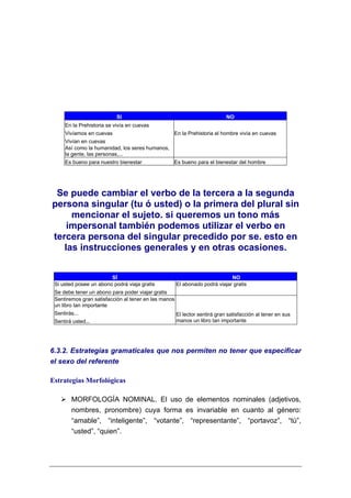 SI                                               NO
     En la Prehistoria se vivía en cuevas
     Vivíamos en cuevas                           En la Prehistoria el hombre vivía en cuevas
     Vivían en cuevas
     Así como la humanidad, los seres humanos,
     la gente, las personas,...
     Es bueno para nuestro bienestar              Es bueno para el bienestar del hombre




 Se puede cambiar el verbo de la tercera a la segunda
persona singular (tu ó usted) o la primera del plural sin
     mencionar el sujeto. si queremos un tono más
    impersonal también podemos utilizar el verbo en
tercera persona del singular precedido por se. esto en
   las instrucciones generales y en otras ocasiones.


                        SÍ                                                   NO
 Si usted posee un abono podrá viaja gratis           El abonado podrá viajar gratis
 Se debe tener un abono para poder viajar gratis
 Sentiremos gran satisfacción al tener en las manos
 un libro tan importante
 Sentirás...                                          El lector sentirá gran satisfacción al tener en sus
 Sentirá usted...                                     manos un libro tan importante




6.3.2. Estrategias gramaticales que nos permiten no tener que especificar
el sexo del referente

Estrategias Morfológicas

        MORFOLOGÍA NOMINAL. El uso de elementos nominales (adjetivos,
        nombres, pronombre) cuya forma es invariable en cuanto al género:
        “amable”, “inteligente”, “votante”, “representante”, “portavoz”, “tú”,
        “usted”, “quien”.
 
