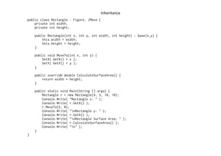 Inheritance	
  
public class Rectangle : Figure, IMove {
    private int width;
    private int height;

    public Rectangle(int x, int y, int width, int height) : base(x,y) {
        this.width = width;
        this.height = height;
    }

    public void MoveTo(int x, int y) {
        SetX( GetX() + x );
        SetY( GetY() + y );
    }

    public override double CalculateSurfaceArea() {
        return width * height;
    }

    public static void Main(String [] args) {
        Rectangle r = new Rectangle(4, 5, 10, 10);
        Console.Write( "Rectangle x: " );
        Console.Write( r.GetX() );
        r.MoveTo(5, 0);
        Console.Write( "nRectangle y: " );
        Console.Write( r.GetX() );
        Console.Write( "nRectangle Surface Area: " );
        Console.Write( r.CalculateSurfaceArea() );
        Console.Write( "n" );
    }
}
 
