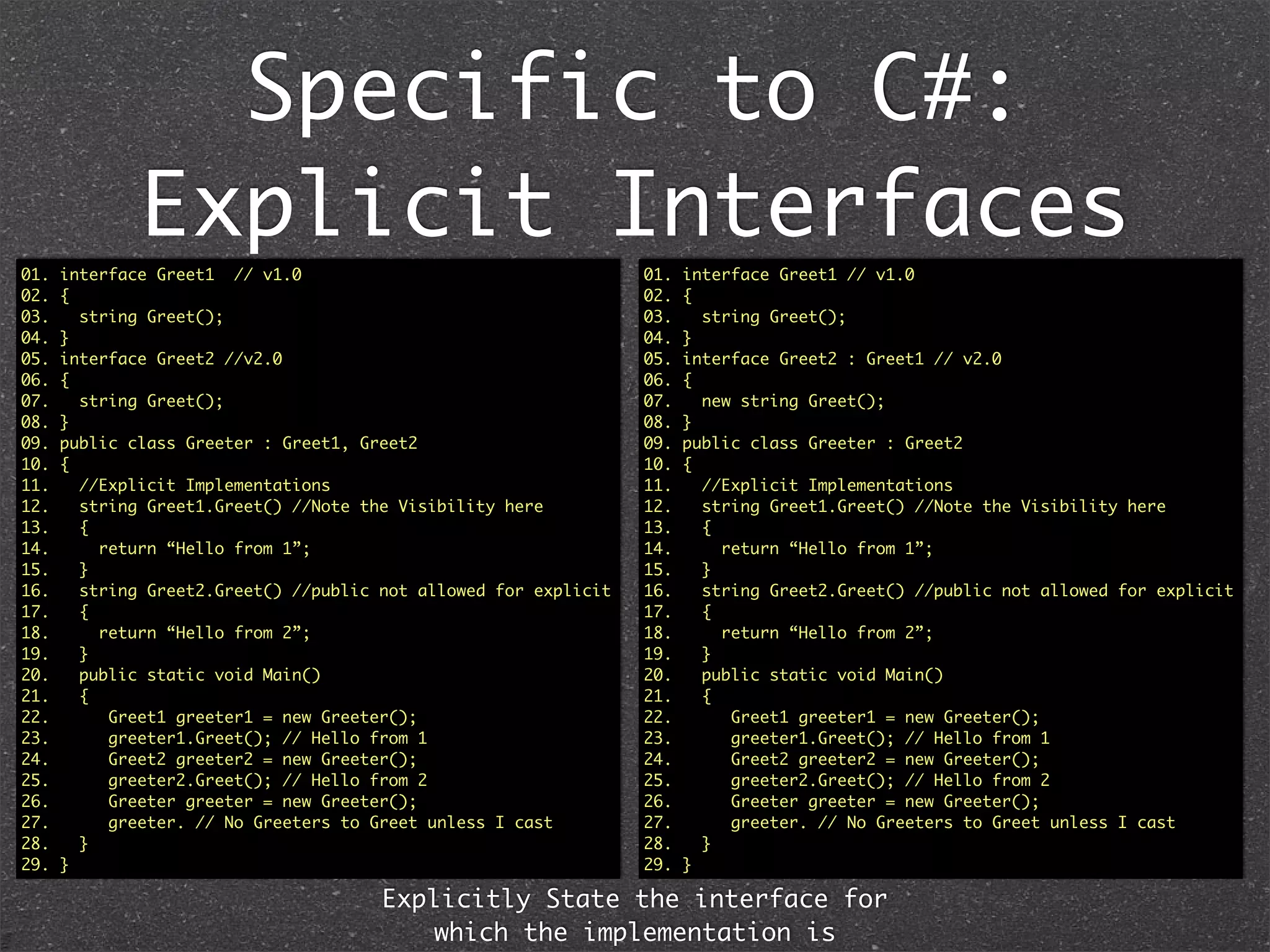 Speciﬁc to C#: Explicit
Interfaces
 