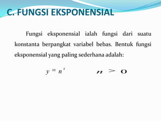 C. FUNGSI EKSPONENSIAL

     Fungsi eksponensial ialah fungsi dari suatu
 konstanta berpangkat variabel bebas. Bentuk fungsi
 eksponensial yang paling sederhana adalah:

                     x
             y   n              n        0
 