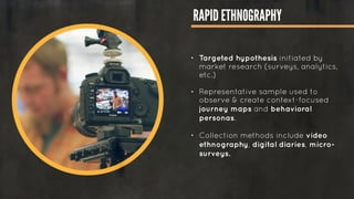 RAPID ETHNOGRAPHY
!
• Targeted hypothesis initiated by
market research (surveys, analytics,
etc.) 
• Representative sample used to
observe & create context-focused
journey maps and behavioral
personas. 
• Collection methods include video
ethnography, digital diaries, micro-
surveys.
!
!
!
!
 