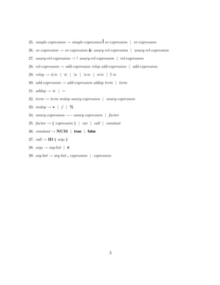 25. simple-expression → simple-expression or-expression | or-expression

26. or-expression → or-expression & unary-rel-expression | unary-rel-expression

27. unary-rel-expression → ! unary-rel-expression | rel-expression

28. rel-expression → add-expression relop add-expression | add-expression

29. relop → <= | < | > | >= | == | ! =

30. add-expression → add-expression addop term | term

31. addop → + | −

32. term → term mulop unary-expression | unary-expression

33. mulop → ∗ | / | %

34. unary-expression → - unary-expression | factor

35. factor → ( expression ) | var | call | constant

36. constant → NUM | true | false

37. call → ID ( args )

38. args → arg-list |

39. arg-list → arg-list , expression | expression




                                                3
 