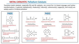 Palladium(II) Acetate
Palladium(II) Acetate Trimer
Palladium(II) Trifluoroacetate Palladium(II) Acetylacetonate
Bis(acetonitrile)palladium(II)
Dichloride
Bis(tricyclohexylphosphine)-
palladium(II) DichlorideDichloro[9,9-dimethyl-4,5-
bis(diphenylphosphino)xanthene]-
palladium(II)
Tetrakis(triphenylphosphine)-
palladium(0)
Tris(dibenzylideneacetone)-
dipalladium(0)
Bis(dibenzylideneacetone)-
palladium(0)
Tetrakis(acetonitrile)-
palladium(II) Ditriflate
Pd(II)Pd(0)
1,2-Bis(phenylsulfinyl)ethane
palladium(II) acetate
(White Catalyst)
Transition-metal catalysts, especially Pd and Rh catalysts, are crucial for C–H bond cleavage and further
transformations. In general, palladium(II), rhodium(I), iridium(I), ruthenium(II), copper(II), and iron(II) are
widely used in C-H bond activation
METAL CATALYSTS: Palladium Catalysts
 