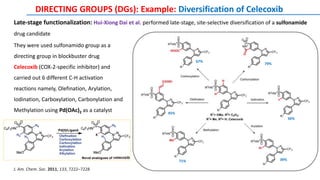 J. Am. Chem. Soc. 2011, 133, 7222–7228
Late-stage functionalization: Hui-Xiong Dai et al. performed late-stage, site-selective diversification of a sulfonamide
drug candidate
They were used sulfonamido group as a
directing group in blockbuster drug
Celecoxib (COX-2-specific inhibitor) and
carried out 6 different C-H activation
reactions namely, Olefination, Arylation,
Iodination, Carboxylation, Carbonylation and
Methylation using Pd(OAc)2 as a catalyst
DIRECTING GROUPS (DGs): Example: Diversification of Celecoxib
67%
79%
45%
71% 39%
56%
 