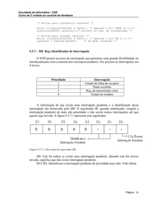 Faculdade de Informática - CGE
Curso de C voltado ao controle de Hardware
/* Rotina para transmitir caracter */
while (!(inportb(0x2FD) & 0x20)); /* aguarda o bit THRE ir a 1*/
outportb(Ox2F8, caracter);/* escreve no reg. de transmissão */
/* Rotina para receber caracter */
while (!(inportb(0x2FD) & 0x01)); /* aguarda o bit DR ir a 1*/
caracter = inportb(0x2F8); /* lê dado recebido */
5.3.7 - lIR Reg. Identificador de Interrupção
O 8250 possui recursos de interrupção que permitem uma grande flexibilidade no
interfaceamento com a maioria dos microprocessadores. Ele prioriza as interrupções em
4 níveis:
Prioridade Interrupção
1 Estado de linha do receptor
2 Dado recebido
3 Reg. de transmissão vazio
4 Estado do modem
A informação de que existe uma interrupção pendente e a identificação dessa
interrupção são fornecidas pelo IIR. O registrador IR, quando endereçado, congela a
interrupção pendente de mais alta prioridade e não aceita outras interrupções até que
aquela seja servida. A figura 5.3.7.1 apresenta este registrador.
Figura 5.3.7.1. Descrição do registrador IIR.
D0: Este bit indica se existe uma interrupção pendente. Quando este bit estiver
ativado, significa que não existe interrupção pendente.
Dl E D2: Identificam a interrupção pendente de prioridade mais alta. Vide tabela
Página 26
 