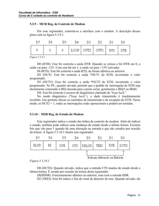 Faculdade de Informática - CGE
Curso de C voltado ao controle de Hardware
5.3.9 - MCR Reg. de Controle de Modem
Por esse registrador, controla-se a interface com o modem. A descrição desses
pinos está na figura 5.3.9.1.
Figura 5.3.9.1
D0 (DTR): Este bit controla a saída DTR. Quando se coloca o bit DTR em 0, a
saída vai para -12V. Com este bit em 1, a saída vai para +12V (ativada).
Dl (RTS): Este bit controla a saída RTS, de forma idêntica ao anterior.
D2 (OUT): Este bit controla a saída *OUT1 do 8250, invertendo o valor
programado.
D3 (OUT2): Esse bit controla a saída *OUT2 do 8250, invertendo o valor
programado. No PC, quando ativado, permite que o pedido de interrupção do 8250 seja
diretamente conectado à IRQ alocada para a porta serial, geralmente a IRQ3 ou IRQ4.
D4: Este bit controla o recurso de diagnóstico chamado de "loop back”.
No modo diagnóstico ("Ioop back”), o dado transmitido é imediatamente
recebido. Isto permite checar os caminhos de transmissão e de recepção do 8250. Nesse
modo, se OUT2 = 1, todas as interrupções estão operacionais e podem ser testadas.
5.3.10 - MSR Reg. de Estado do Modem
Este registrador indica o estado das linhas de controle do modem. Além de indicar
o estado, também pode indicar uma mudança de estado desde a última leitura. Existem
bits que vão para 1 quando há uma alteração na entrada e que são zerados por ocasião
da leitura. A figura 5.3.10.1 ilustra este registrador.
Figura 5.3.10.1
D0 (DCTS): Quando ativado, indica que a entrada CTS mudou de estado desde a
última leitura. É zerado por ocasião da leitura deste registrador.
Dl(DDSR): Funcionamento idêntico ao anterior, mas com a entrada DSR.
D2 (TREI): Este bit indica o fim do sinal do detector de tom. Quando ativado, ele
Página 28
 