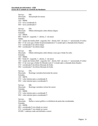 Faculdade de Informática - CGE
Curso de C voltado ao controle de Hardware
Serviço: 04h
Descrição: Seta posição do mouse.
Entradas:
AX = 0004h
CX = nova coordenada X
DX = nova coordenada Y
Serviço: 05h
Descrição: Obtém informações sobre últimos diques.
Entradas:
AX = 0005h
BX = botão (0 - esquerdo, 1 - direito, 2 - do meio)
Saldas:
AX = estado dos botões (bit0 - esquerdo, bit1 - direito, bit2 - do meio; 1 = pressionado, 0=solto)
BX = no
de vezes que o botão foi pressionado(este no
é zerado após a chamada desta função)
CX = coordenada X do último dique
DX = coordenada Y do último dique
Serviço: 06h
Descrição: Obtém informações sobre últimas vezes que o botão foi solto.
Entradas:
AX = 0006h
BX = botão (0 - esquerdo, 1 - direito, 2 - do meio)
AX = estado dos botões (bit0 - esquerdo, bit1 - direito, bit2 - do meio; 1 = pressionado, 0=solto)
BX = no
de vezes que o botão foi liberado (este no
é zerado após a chamada desta função)
CX = coordenada X da última liberação do botão
DX = coordenada Y da última liberação do botão
Serviço: 07h
Descrição: Restringe varredura horizontal do cursor.
Entradas:
AX = 0007h
CX = valor mínimo para a coordenada X
DX = valor máximo para a coordenada X
Serviço: 08h
Descrição: Restringe varredura vertical do cursor.
Entradas:
AX = 0006h
CX = valor mínimo para a coordenada Y
DX = valor máximo para a coordenada Y
Serviço: 09h
Descrição: Define o cursor gráfico e a referência do ponto das coordenadas.
Entradas:
AX = 0009h
BX = coordenada X em relação ao cursor
CX = coordenada Y em relação ao cursor
ES:DX = endereço onde está definido o cursor:
Página 38
 