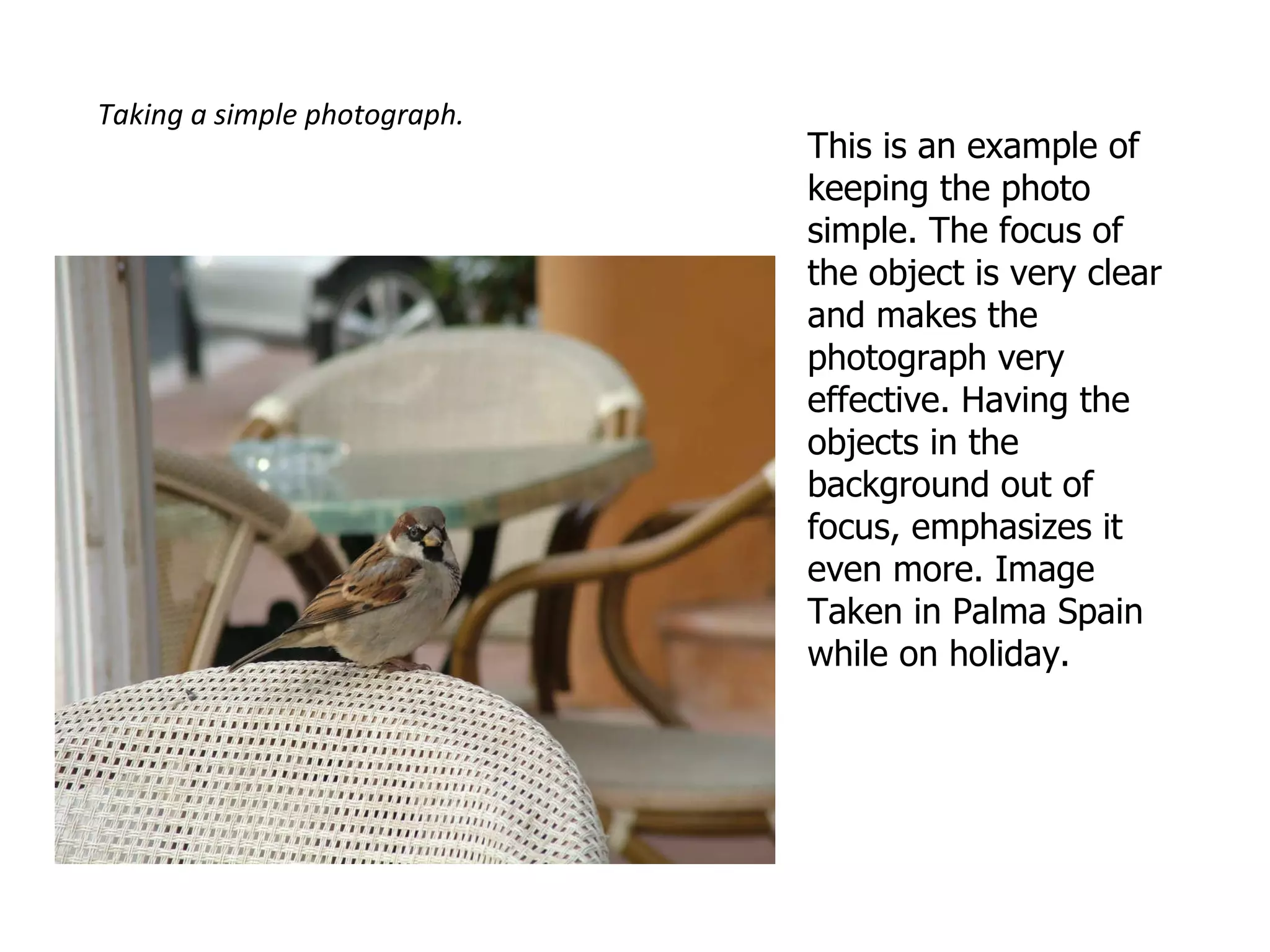 This is an example of keeping the photo simple. The focus of the object is very clear and makes the photograph very effective. Having the objects in the background out of focus, emphasizes it even more. Image Taken in Palma Spain while on holiday. Taking a simple photograph.  