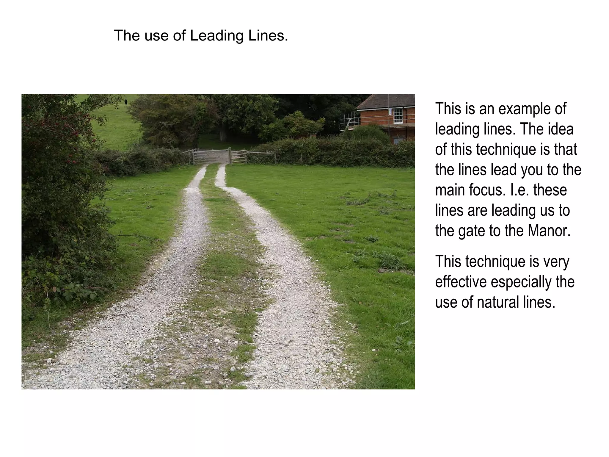 The use of Leading Lines. This is an example of leading lines. The idea of this technique is that the lines lead you to the main focus. I.e. these lines are leading us to the gate to the Manor. This technique is very effective especially the use of natural lines.  
