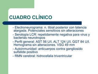 CUADRO CLÍNICO
 - Electroneurograma: n. tibial posterior con latencia
  alargada. Potenciales sensitivos sin alteraciones
 - Serología LCR: repetidamente negativa para virus y
  bacterias neurotropos
 - Perfil general: AST 56 U/l, ALT 124 U/l, GGT 84 U/l.
  Hemograma sin alteraciones. VSG 49 mm
 - Autoinmunidad: anticuerpos contra gangliosido
  sulfatide positivo
 - RMN cerebral: hidrocefalia triventricular
 