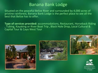 Banana Bank Lodge Situated on the peaceful Belize River and surrounded by 4,000 acres of pristine rainforest, Banana Bank Lodge is the perfect place to see all the best that Belize has to offer. Type of services provided:  accommodations, Restaurant, Horseback Riding , Tubing, Kayaking or River Boat Trip , Black Hole Drop, Local Cultural & Capital Tour & Cayo West Tour  