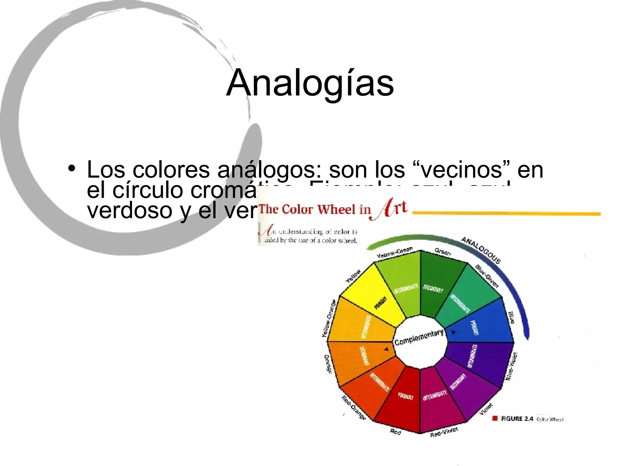 Analog ías Los colores an álogos: son los “vecinos” en el círculo cromático. Ejemplo: azul, azul verdoso y el verde. 