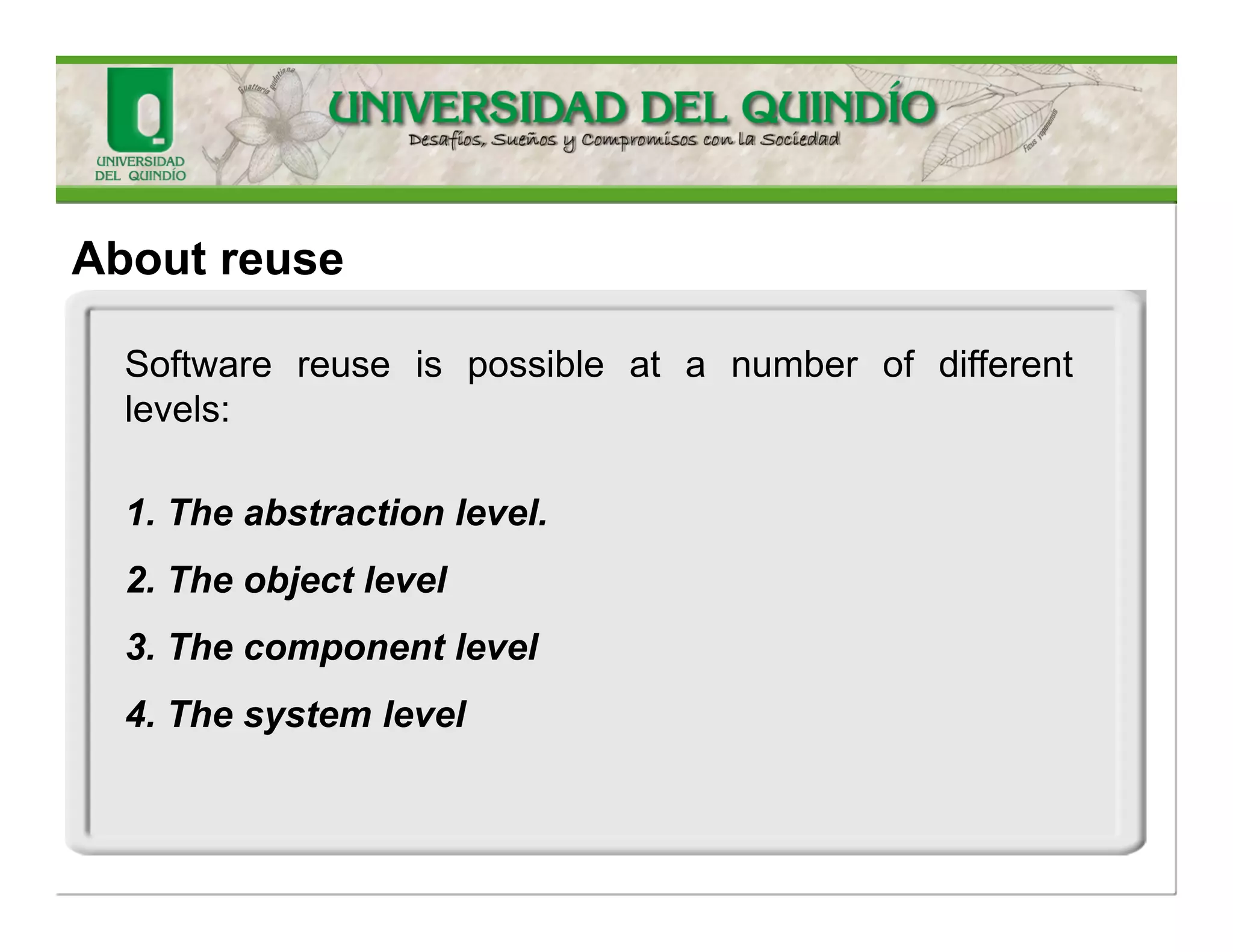 More in deep… 
Sommervilleintroducessomeaspectsofimplementationthatareparticularlyimportanttosoftwareengineeringthatareoftennotcoveredinprogrammingtexts 
1.Reuse.Mostmodernsoftwareisconstructedbyreusingexistingcomponentsorsystems.Whenyouaredevelopingsoftware,youshouldmakeasmuchuseaspossibleofexistingcode. 
2.Configurationmanagement.Duringthedevelopmentprocess,manydifferentversionsofeachsoftwarecomponentarecreated.Ifyoudon’tkeeptrackoftheseversionsinaconfigurationmanagementsystem,youareliabletoincludethewrongversionsofthesecomponentsinyoursystem. 
3.Host-targetdevelopment.Productionsoftwaredoesnotusuallyexecuteonthesamecomputerasthesoftwaredevelopmentenvironment.Rather,youdevelopitononecomputer(thehostsystem)andexecuteitonaseparatecomputer(thetargetsystem).Thehostandtargetsystemsaresometimesofthesametypebut,oftentheyarecompletelydifferent.  