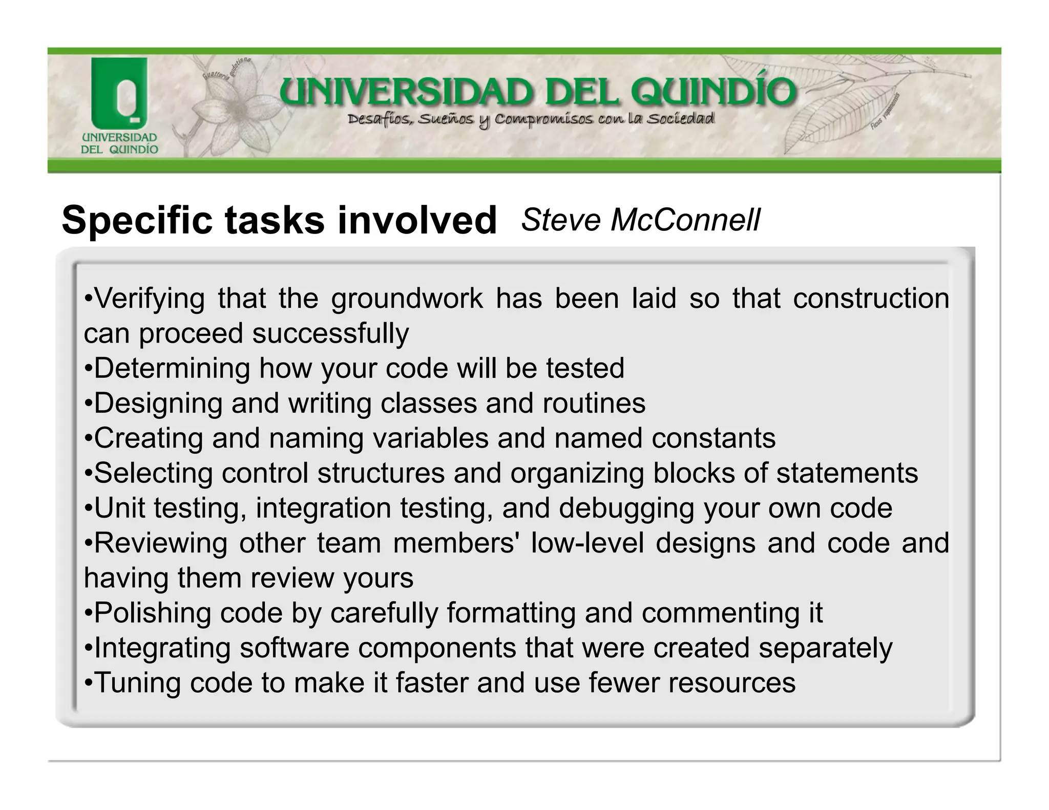 •Todefinetheorganizationofthecodeintermsofimplementationsubsystems(maybeorganizedinlayers) 
•Toimplementthedesignelementsintermsofimplementationelements(sourcefiles,binaries, executableprograms,andothers) 
•Totestthedevelopedcomponentsasunits 
•Tointegratetheresultsproducedbyindividualimplementers(orteams)intoanexecutablesystem 
Purposes  
