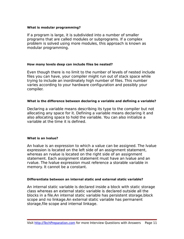 C Interview Questions for Fresher | PDF