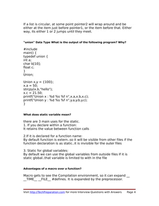 C Interview Questions for Fresher | PDF