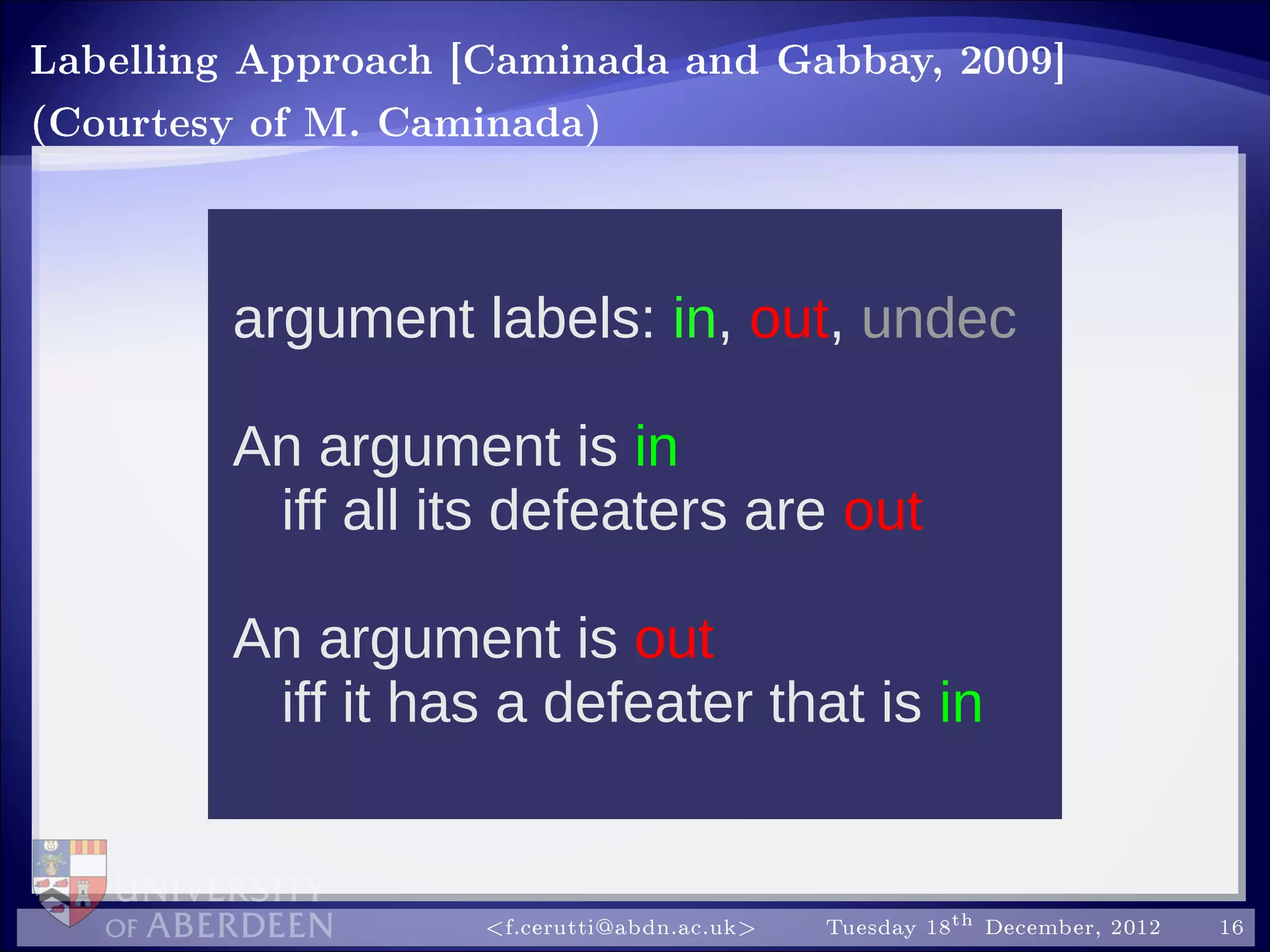 Labelling Approach [Caminada and Gabbay, 2009]
(Courtesy of M. Caminada)
argument labels: in, out, undec
An argument is in
iff all its defeaters are out
An argument is out
iff it has a defeater that is in
f.cerutti@abdn.ac.uk Tuesday 18th December, 2012 16
 
