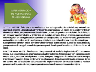 IMPLEMENTACION DE NUEVAS IDEAS SELECCIONADAS ACTUALMENTE:  Esta etapa se realiza una vez se haya seleccionado la idea, teniendo en cuenta el proceso utilizado actualmente por la organización. La etapa de la implementación de nuevas ideas, se pone en marcha sin tener un estudio previo de viabilidad, factibilidad o sin conocer que beneficios y limitantes se puedan generar. Es un proceso que se delega sobre alguien en la organización que este en la capacidad de implementarlo, pero no se le enfoca bien en cuales serán sus tareas y objetivos que debe alcanzar durante esta etapa.  Este proceso también inicia, sin tener unos tiempos claros en los cuales se deba trabajar, ya que esto solo surgirá a medida que se vaya sintiendo presión externa o interna de ser el caso.  RECOMENDACIONES:  Realizar un plan previo al inicio de la implementación de nuevas ideas, que le permita a la organización estudiar todos los factores que van inmersos en la nueva etapa, conocer los objetivos, metas, tiempos, riesgos en fin todas las variables que intervienen y pueden llegar a intervenir en el proceso. Esto le permitirá a la empresa, tener un control de la evolución del proceso de implementación de nuevas ideas y realizar proceso serios, estructuras y que repercutan en beneficios o procesos de mejora.  