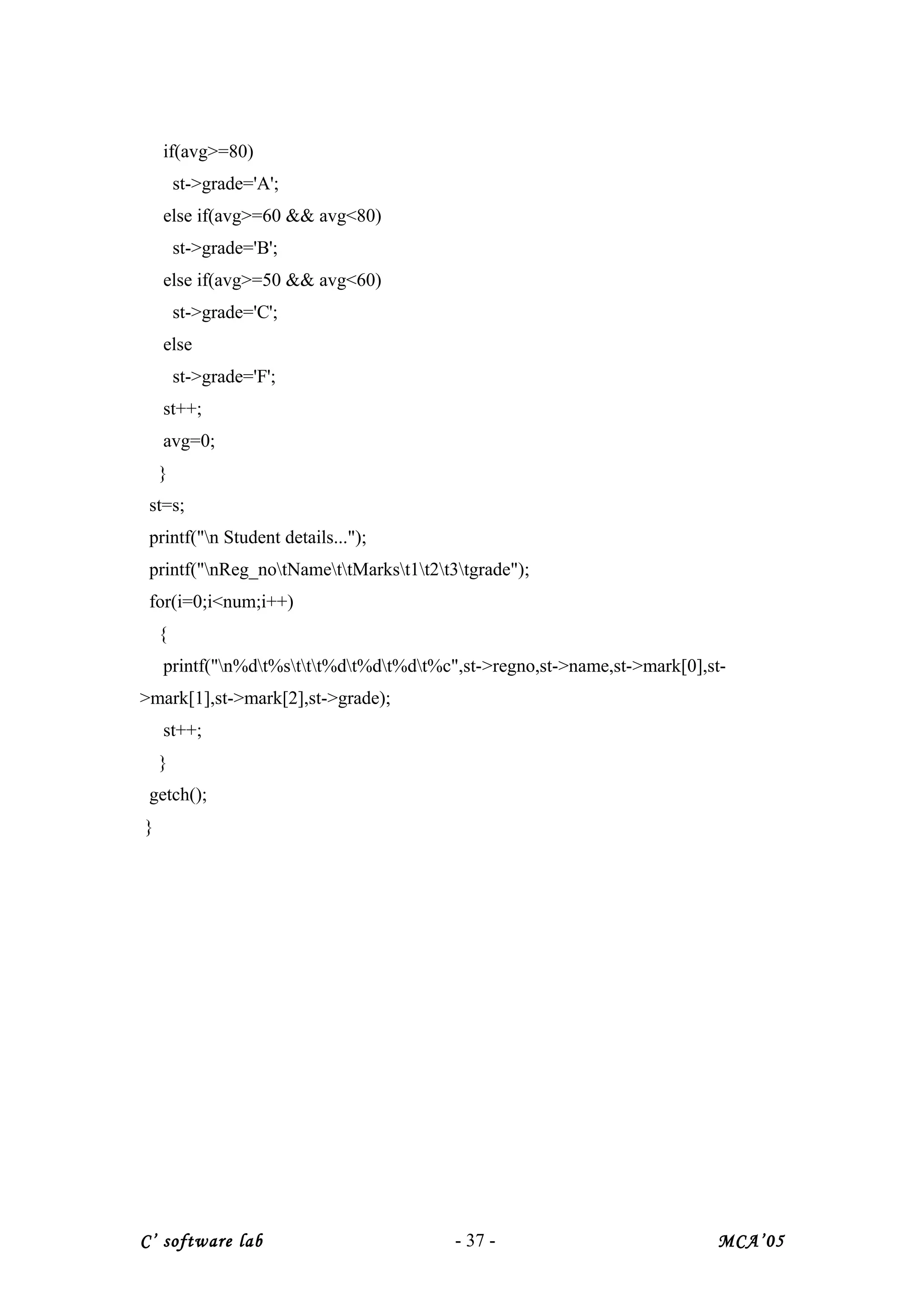 if(avg>=80)
st->grade='A';
else if(avg>=60 && avg<80)
st->grade='B';
else if(avg>=50 && avg<60)
st->grade='C';
else
st->grade='F';
st++;
avg=0;
}
st=s;
printf("n Student details...");
printf("nReg_notNamettMarkst1t2t3tgrade");
for(i=0;i<num;i++)
{
printf("n%dt%sttt%dt%dt%dt%c",st->regno,st->name,st->mark[0],st-
>mark[1],st->mark[2],st->grade);
st++;
}
getch();
}
C’ software lab - 37 - MCA’05
 