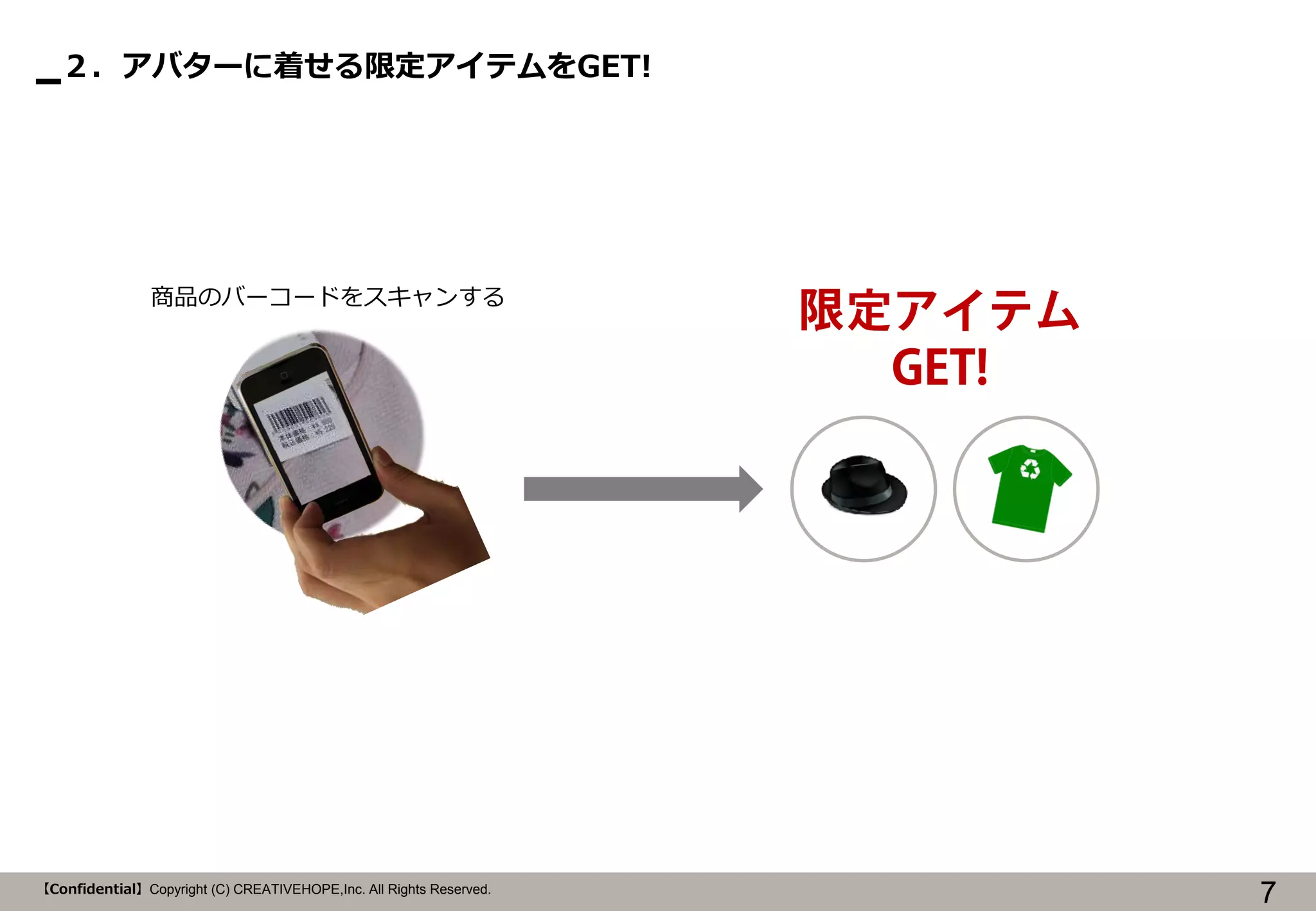 ２．アバターに着せる限定アイテムをGET!

商品のバーコードをスキャンする

【Confidential】Copyright (C) CREATIVEHOPE,Inc. All Rights Reserved.

限定アイテム
GET!

7

 