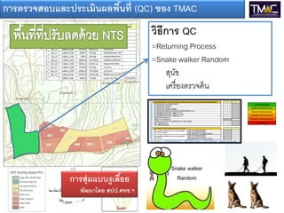 การตรวจสอบและประเมินผลพืนที่ (QC) ของ TMAC
                        ้
                                     วิธีการ QC
                                     =Returning Process
                                     =Snake walker Random
                                        สุนข
                                           ั
                                        เครื่ องตรวจค้ น




                                          Snake walker
              การสุ่มแบบงูเลือย
                             ้              Random
                พัฒนาโดย สปป.ศทช.ฯ
 