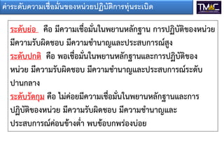 ค่ าระดับความเชื่อมั่นของหน่ วยปฏิบัตการทุ่นระเบิด
                                     ิ

  ระดับย่อ คือ มีความเชื่อมั่นในพยานหลักฐาน การปฏิบัติของหน่วย
  มีความรับผิดชอบ มีความชานาญและประสบการณ์สูง
  ระดับปกติ คือ พอเชื่อมั่นในพยานหลักฐานและการปฏิบัติของ
  หน่วย มีความรับผิดชอบ มีความชานาญและประสบการณ์ระดับ
  ปานกลาง
  ระดับรัดกุม คือ ไม่ค่อยมีความเชื่อมั่นในพยานหลักฐานและการ
  ปฏิบัติของหน่วย มีความรับผิดชอบ มีความชานาญและ
  ประสบการณ์ค่อนข้างต่า พบข้อบกพร่องบ่อย
 