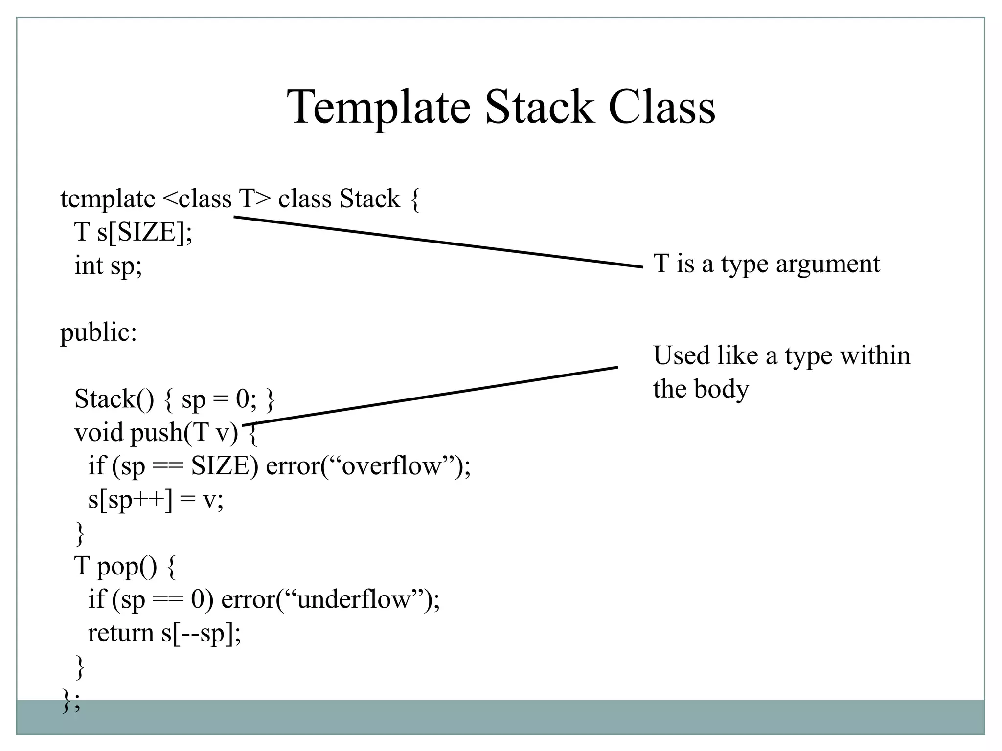 Template Stack Class
template <class T> class Stack {
T s[SIZE];
int sp;
public:
Stack() { sp = 0; }
void push(T v) {
if (sp == SIZE) error(“overflow”);
s[sp++] = v;
}
T pop() {
if (sp == 0) error(“underflow”);
return s[--sp];
}
};
T is a type argument
Used like a type within
the body
 