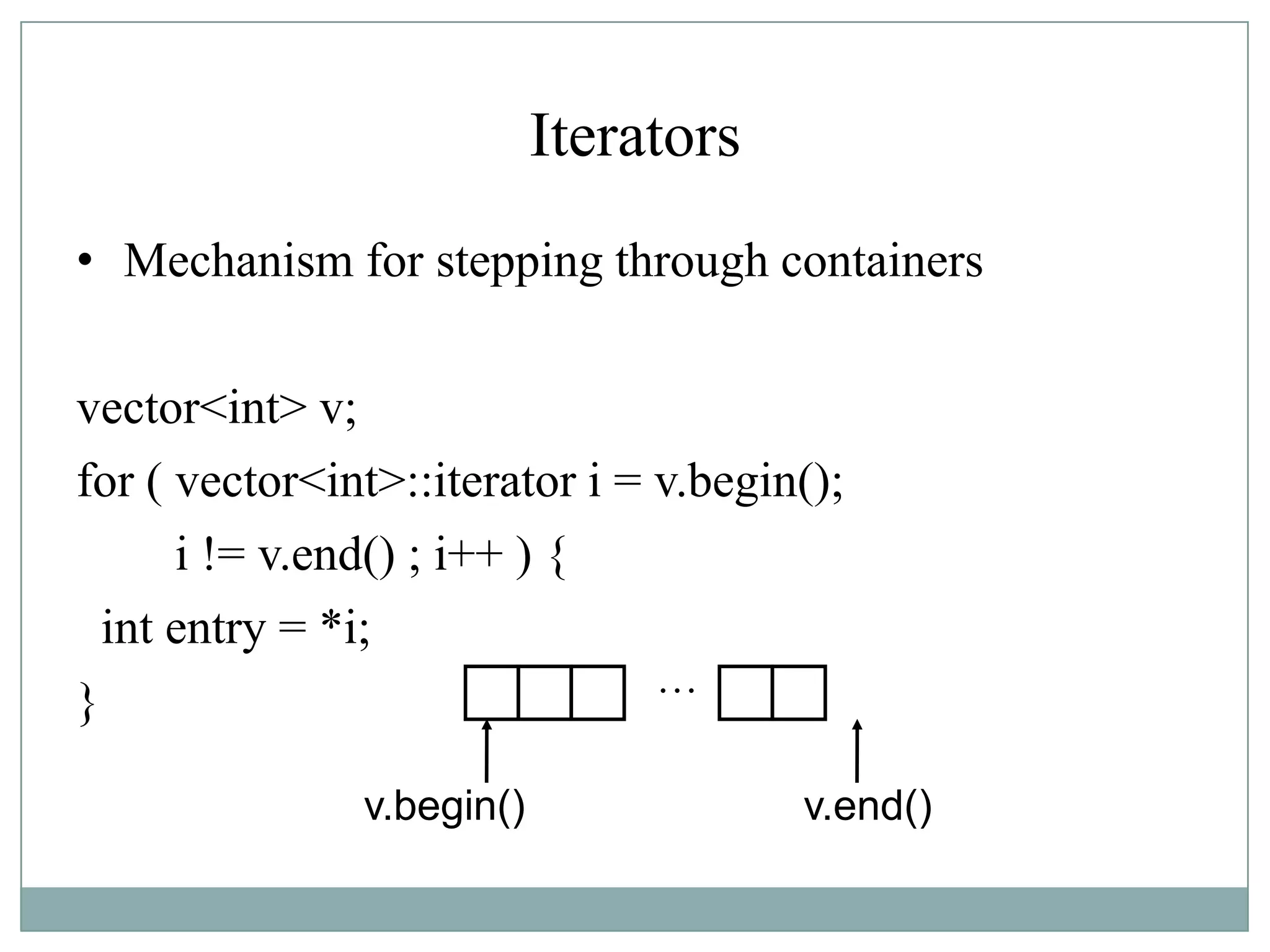 Iterators
• Mechanism for stepping through containers
vector<int> v;
for ( vector<int>::iterator i = v.begin();
i != v.end() ; i++ ) {
int entry = *i;
} …
v.begin() v.end()
 