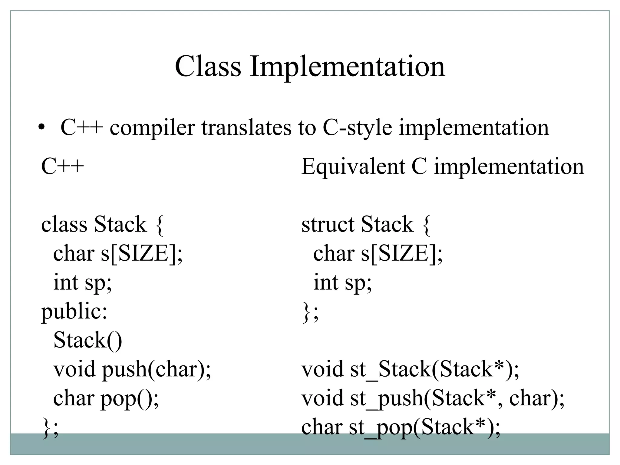 Class Implementation
• C++ compiler translates to C-style implementation
C++
class Stack {
char s[SIZE];
int sp;
public:
Stack()
void push(char);
char pop();
};
Equivalent C implementation
struct Stack {
char s[SIZE];
int sp;
};
void st_Stack(Stack*);
void st_push(Stack*, char);
char st_pop(Stack*);
 