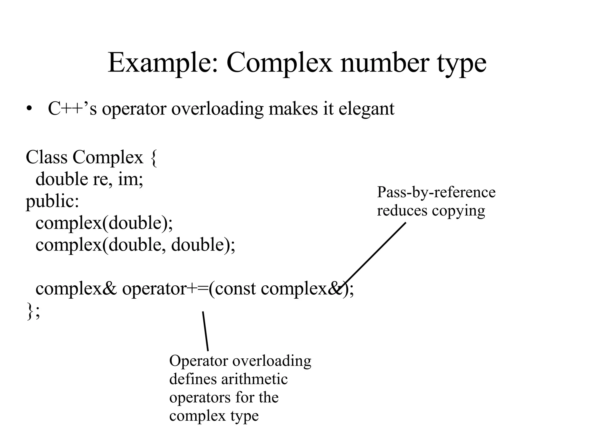 Example: Complex number type C++’s operator overloading makes it elegant Class Complex { double re, im; public: complex(double); complex(double, double); complex& operator+=(const complex&); }; Pass-by-reference reduces copying  Operator overloading defines arithmetic operators for the complex type 