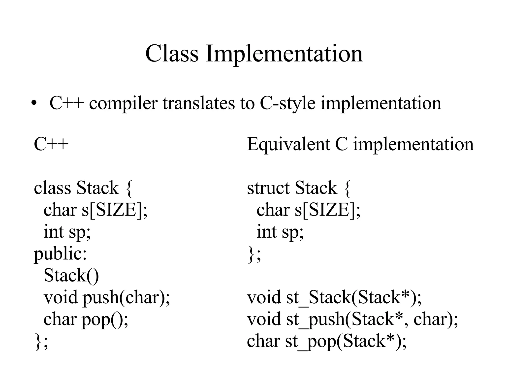 Class Implementation C++ compiler translates to C-style implementation C++ class Stack { char s[SIZE]; int sp; public: Stack() void push(char); char pop(); }; Equivalent C implementation struct Stack { char s[SIZE]; int sp; }; void st_Stack(Stack*); void st_push(Stack*, char); char st_pop(Stack*); 