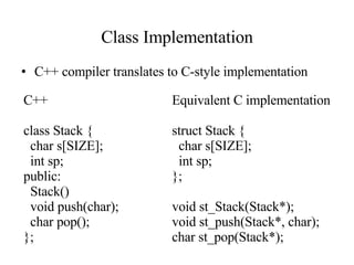Class Implementation C++ compiler translates to C-style implementation C++ class Stack { char s[SIZE]; int sp; public: Stack() void push(char); char pop(); }; Equivalent C implementation struct Stack { char s[SIZE]; int sp; }; void st_Stack(Stack*); void st_push(Stack*, char); char st_pop(Stack*); 