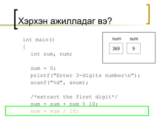 int main() { int sum, num; sum = 0; printf("Enter 3-digits number\n"); scanf("%d", &num); /*extract the first digit*/ sum = sum + num % 10; num = num / 10; Хэрхэн ажилладаг вэ? 369 num sum 9 